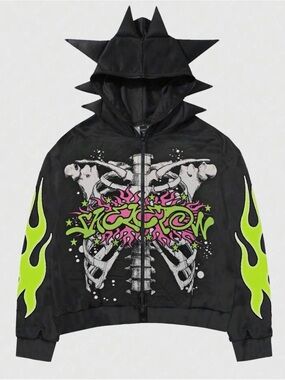 ROMWE Black Zip-Up Hoodie with Neon Green Flames and Pink Ribcage Graphic